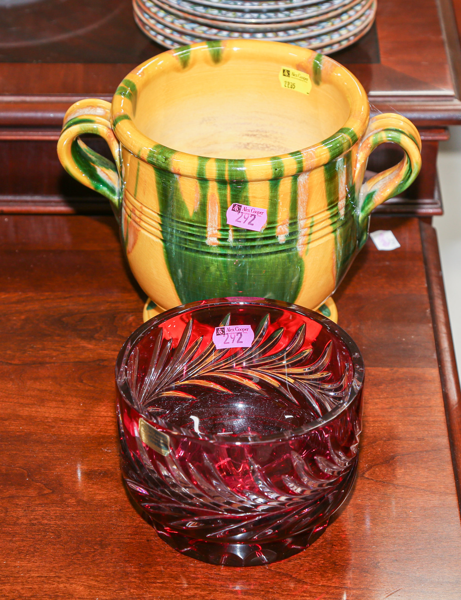 Appraisal: FRENCH FAIENCE CACHEPOT BOHEMIAN GLASS BOWL Slip glazed double handled