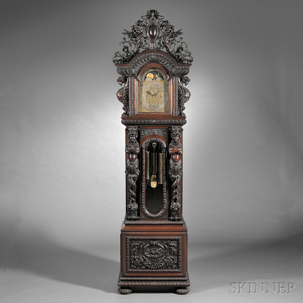 Appraisal: Monumental Tiffany Company Quarter-chiming Mahogany Floor Clock case attributed to