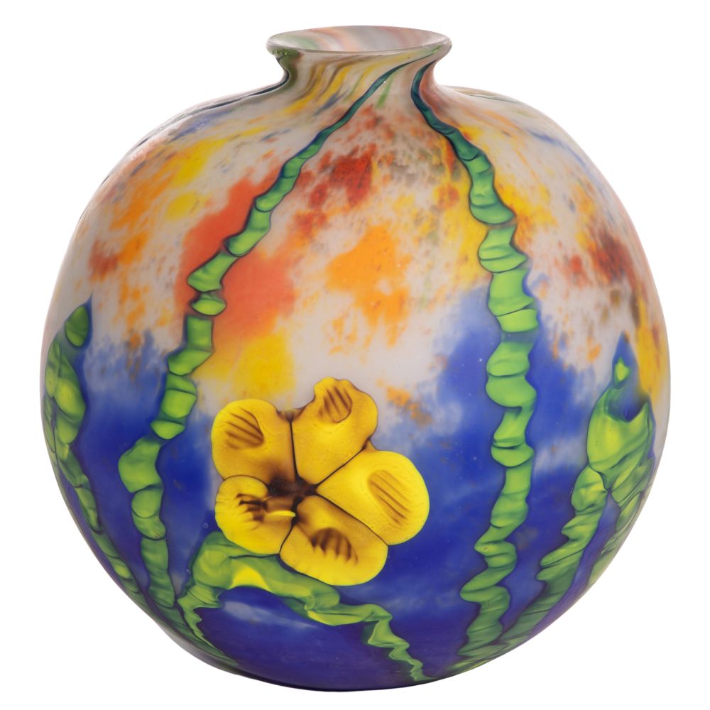 Appraisal: ART GLASS VASEUndated unsigned globular vase having floral motif marvered