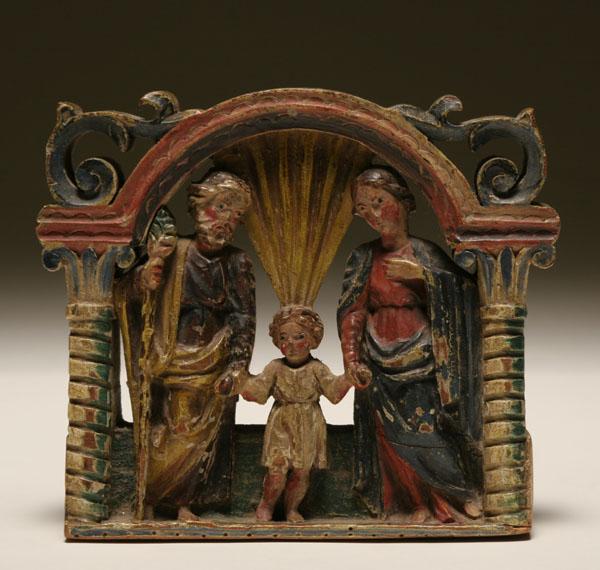 Appraisal: Carved wooden polychrome Santos wall plaque depicting the Holy Family