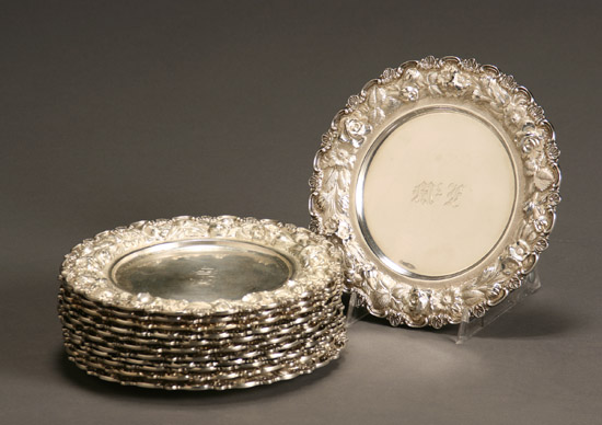 Appraisal: Set of Twelve Stieff Repouss Border Sterling Dessert Plates Baltimore