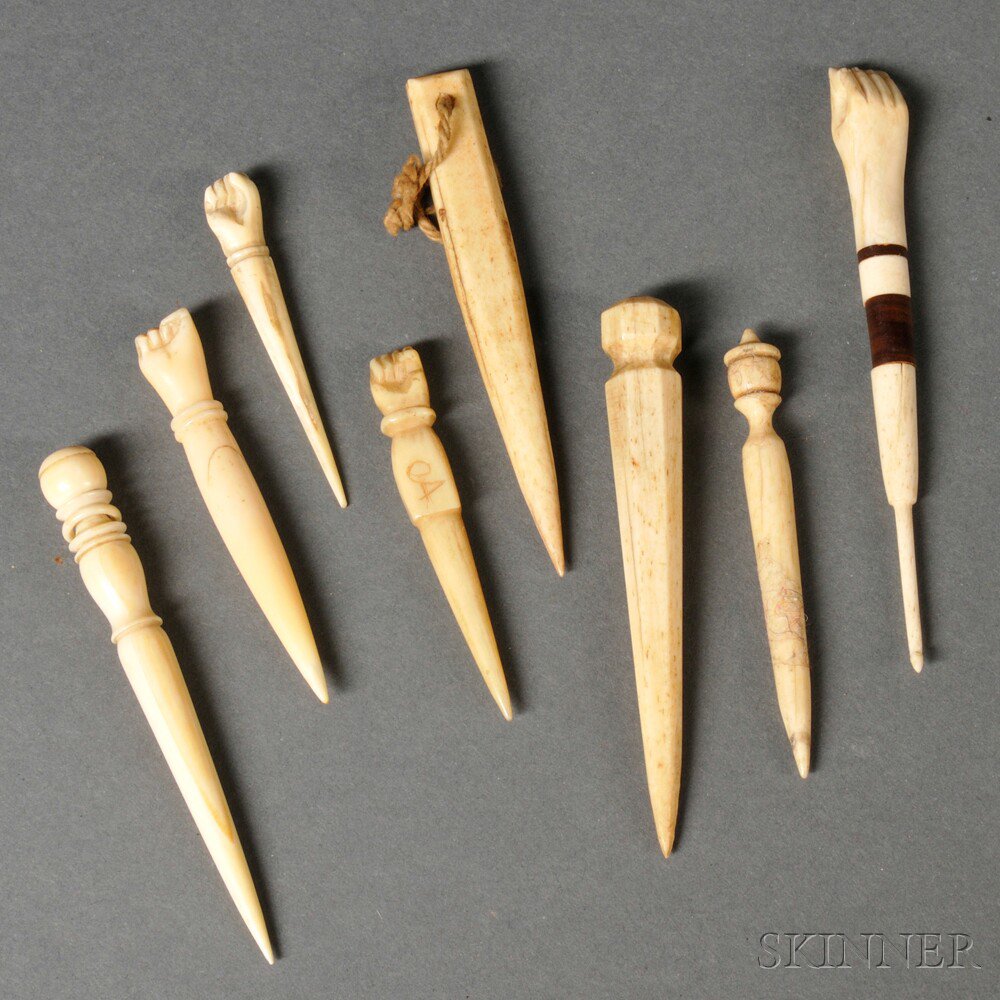 Appraisal: Seven Small Scrimshaw Bone Fids and a Crochet Hook th