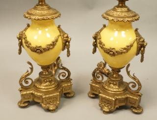 Appraisal: Pr Bronze Porcelain Table Lamps Lion Head pull Pr Bronze