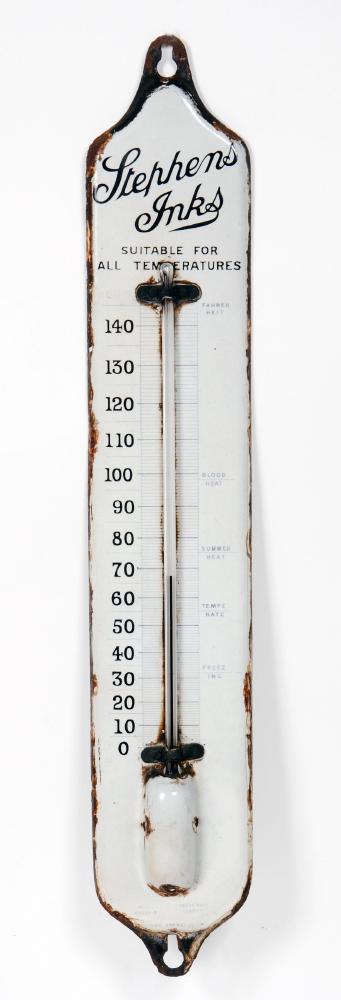 Appraisal: An enamelled advertising thermometer for Stephens Ink with register indicating