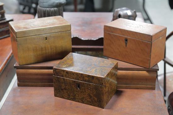 Appraisal: THREE TEA CADDIES English th century Burl veneer mixed nails