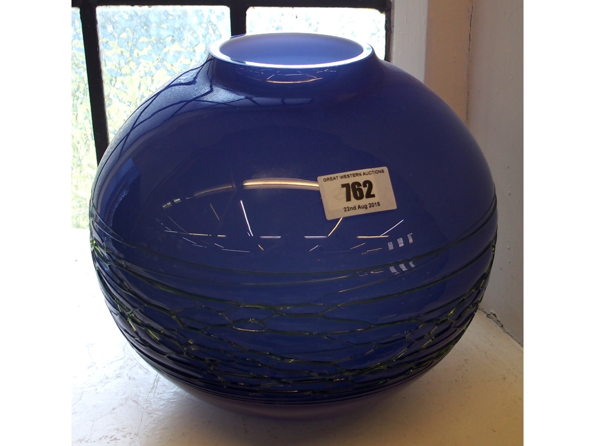 Appraisal: Blue glass ovoid-form vase with green threading