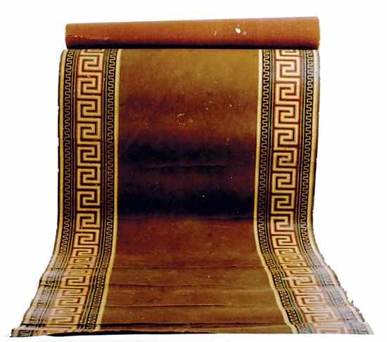 Appraisal: American painted floorcloth th century Greek-key painted border on brown