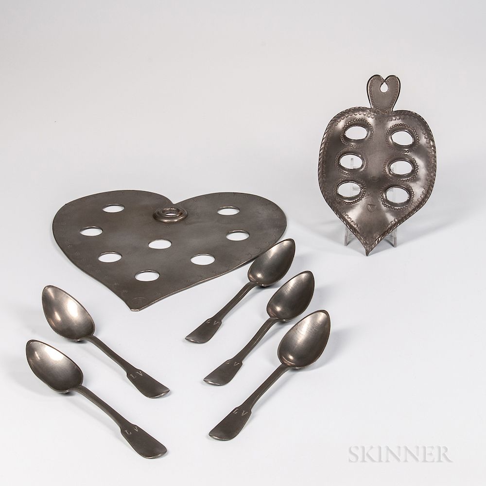 Appraisal: Two European Pewter Heart-form Spoon Holders and Five French Spoons