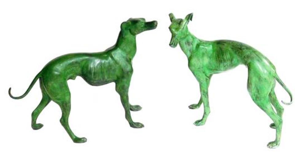 Appraisal: Bronze standing whippet figures three-quarter size green patina finish hollow