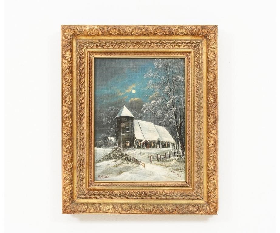 Appraisal: G Noone oil on canvas of a winter church scene