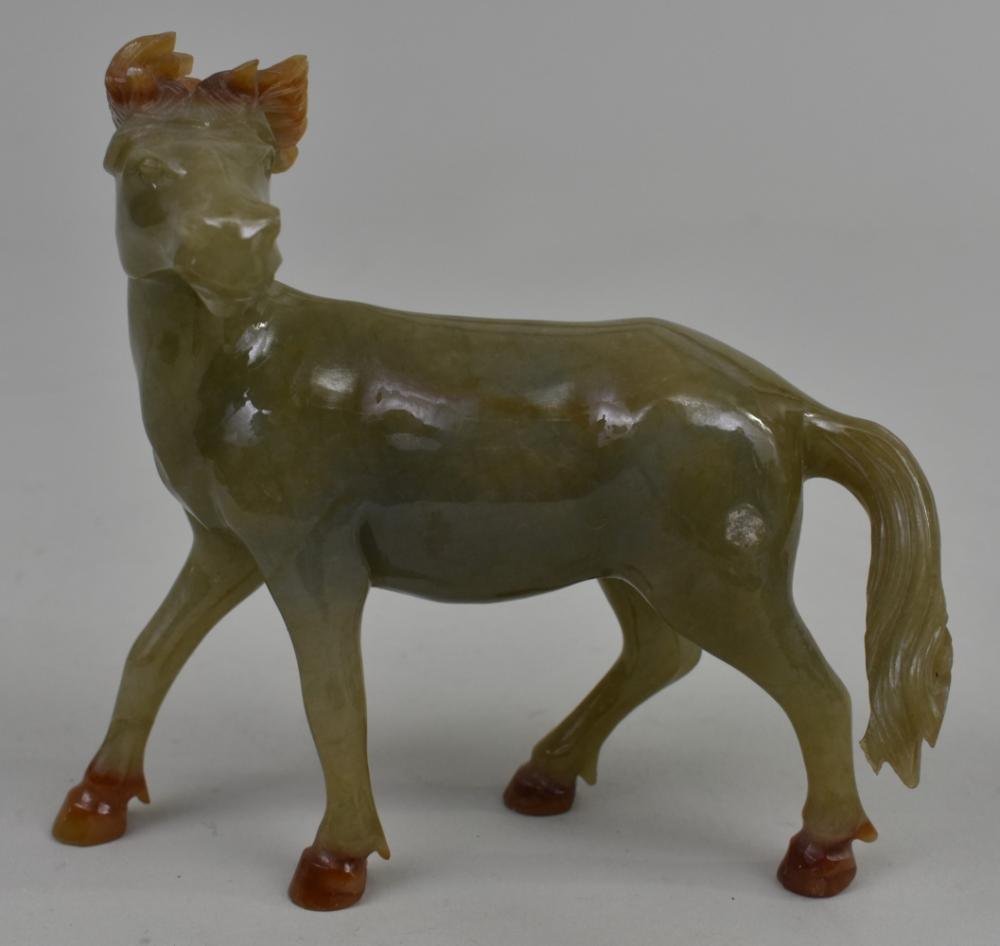 Appraisal: CHINESE CELADON JADE MYTHICAL DEERWith russet T antlers and hooves