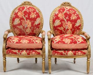 Appraisal: LOUIS XVI STYLE UPHOLSTERED ARMCHAIRS PAIR LOUIS XVI STYLE UPHOLSTERED