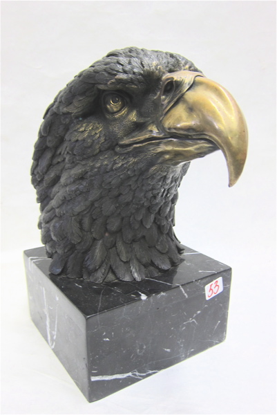 Appraisal: BRONZE WILDLIFE EAGLE HEAD SCULPTURE attached to marble plinth Height