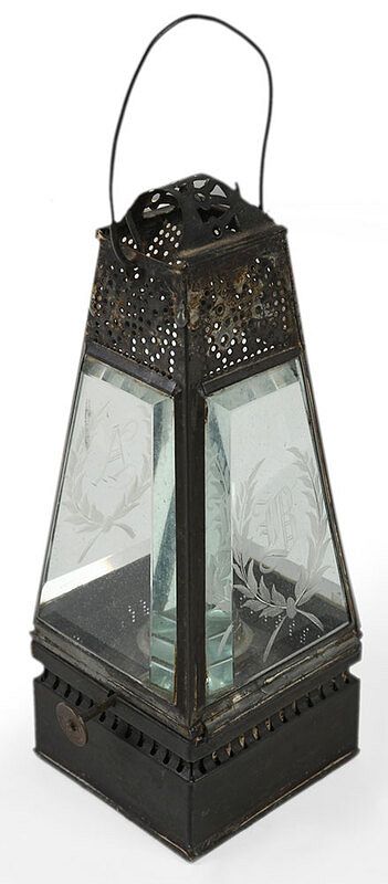 Appraisal: Early Metal and Engraved Glass Oil Lantern British Continental th