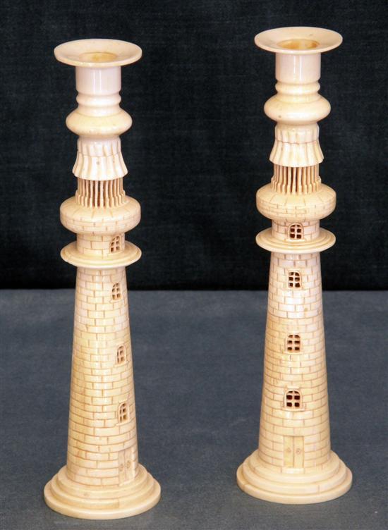 Appraisal: Pair of carved bone lighthouse candlesticks high