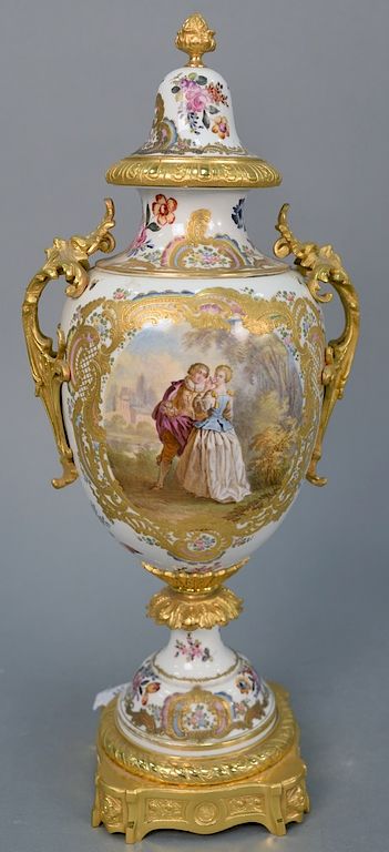 Appraisal: Meissen porcelain gilt ormolu mounted covered urn having painted landscape