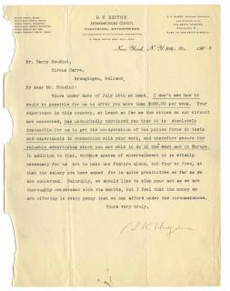 Appraisal: Houdini Harry Typed Letter from B F Keith s Theatrical