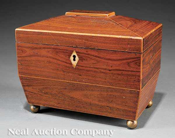 Appraisal: A Regency Rosewood and Satinwood Sarcophagus-Form Tea Caddy two lidded