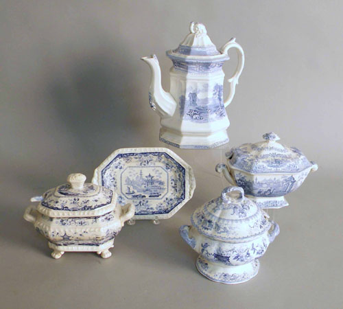 Appraisal: Group of blue Staffordshire to include coffeepot covered sugar two