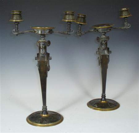 Appraisal: A pair of th century patinated and gilt bronze candlesticks