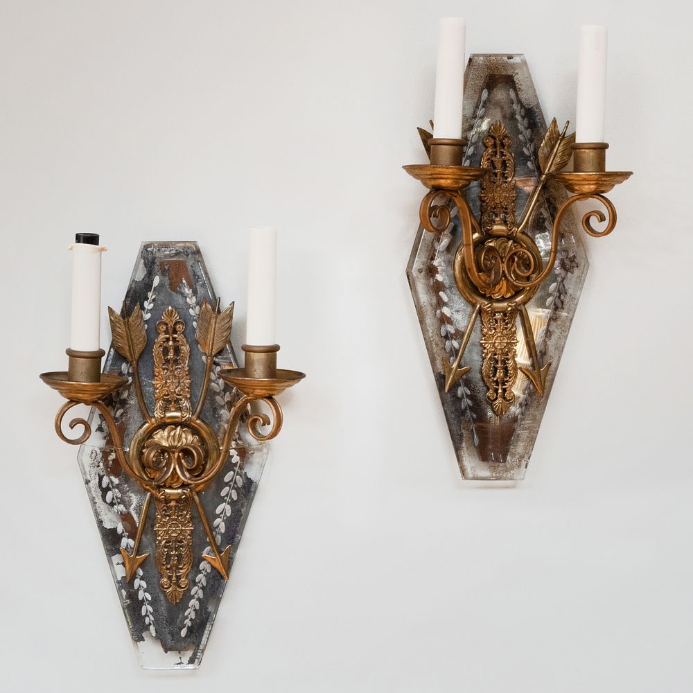 Appraisal: Pair of Empire Style Ormolu-Mounted Etched Glass Two-Light Sconces x