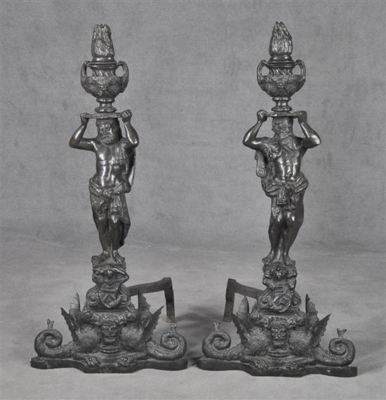 Appraisal: Pair of Bronze Figural Beaux Arts Andirons Circa Dragon and