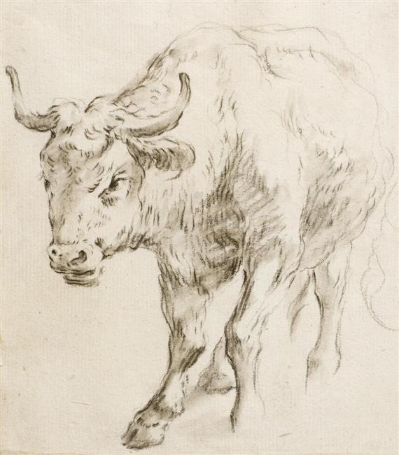 Appraisal: ATTRIBUTED TO JEAN BAPTISTE HUET Paris Walking cow Black chalk