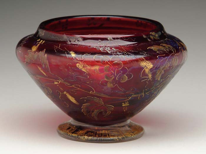 Appraisal: VALLERYSTHAL VASE Enameled grapes and grape leaf decoration on ruby