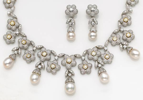 Appraisal: A set of cultured pearl diamond and eighteen karat white