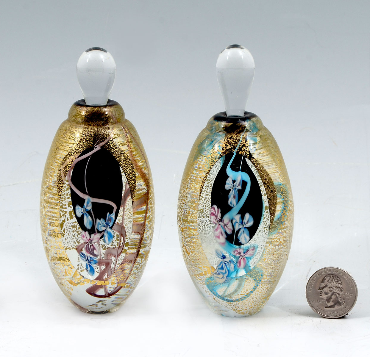 Appraisal: GOLD FLECKED PERFUME BOTTLES - Signed gold flecked art glass