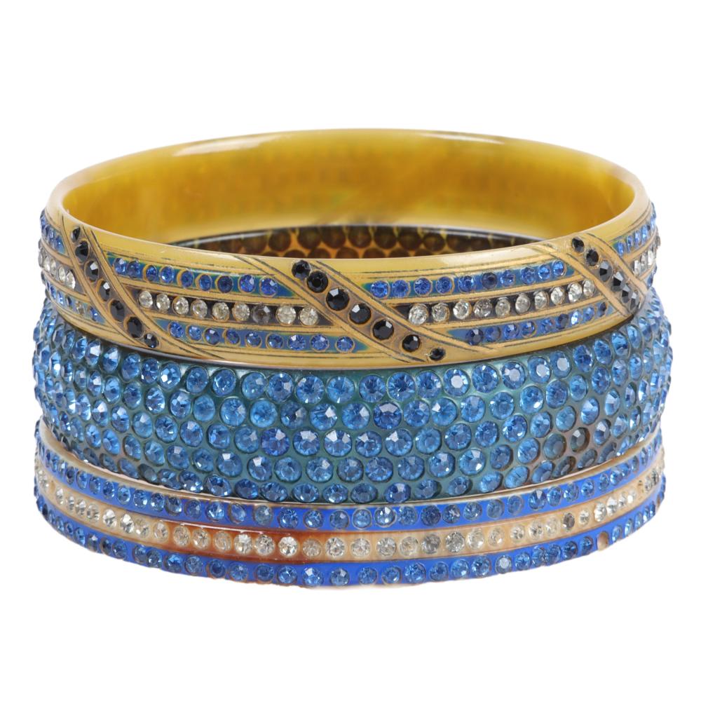 Appraisal: THREE BLUE CELLULOID SPARKLER BANGLE BRACELETS INNER DIAM W THREE