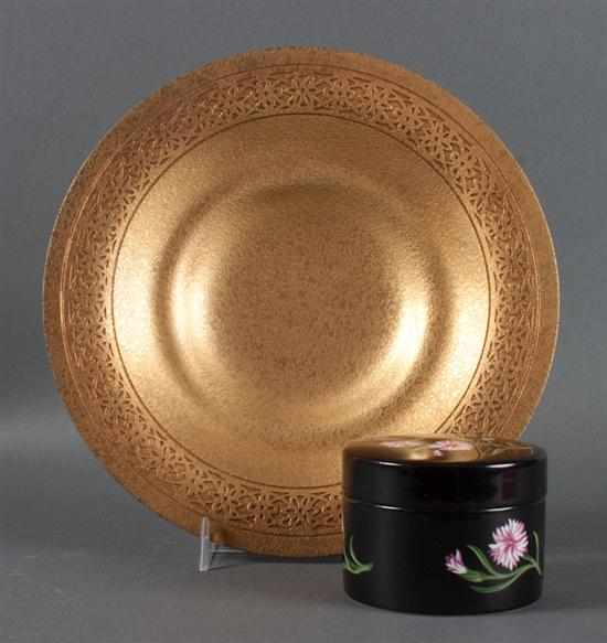 Appraisal: Tiffany gilt-bronze charger and a Tiffany painted porcelain vanity jar