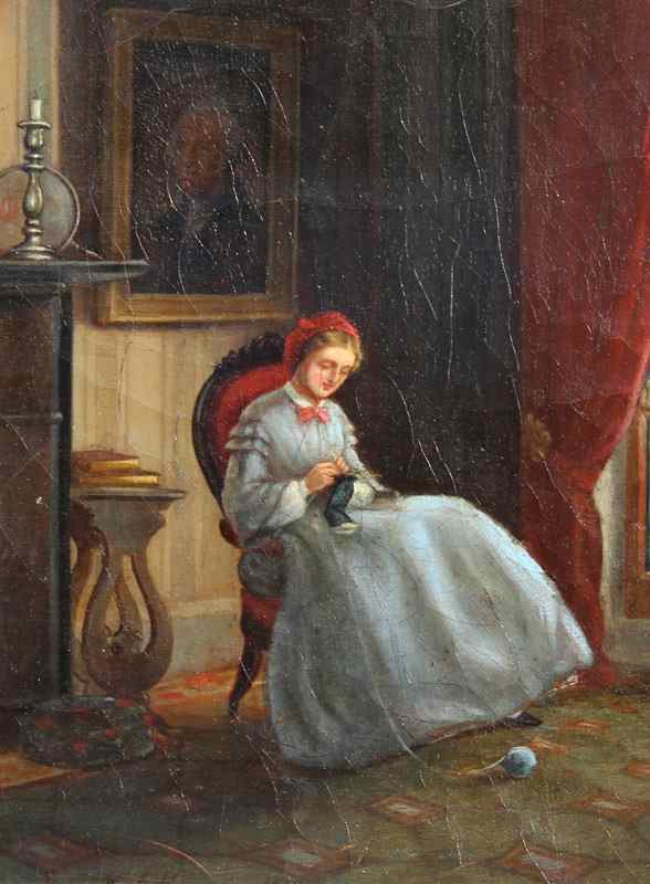 Appraisal: TH CENTURY GENRE PAINTING OF A WOMAN KNITTING IN A