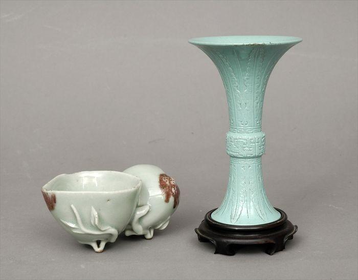 Appraisal: Chinese Turquoise-Glazed Vase and a Celadon-Glazed Water Dropper and in