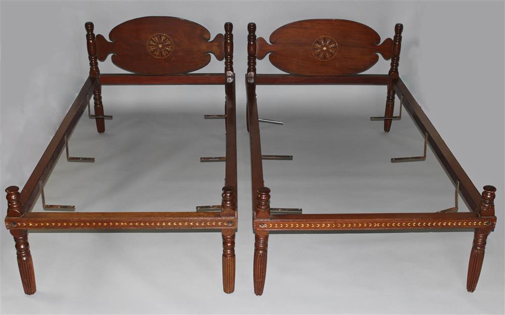 Appraisal: PAIR OF COLONIAL INLAID MAHOGANY BEDSTEADS PROBABLY ANGLO-INDIAN th Century