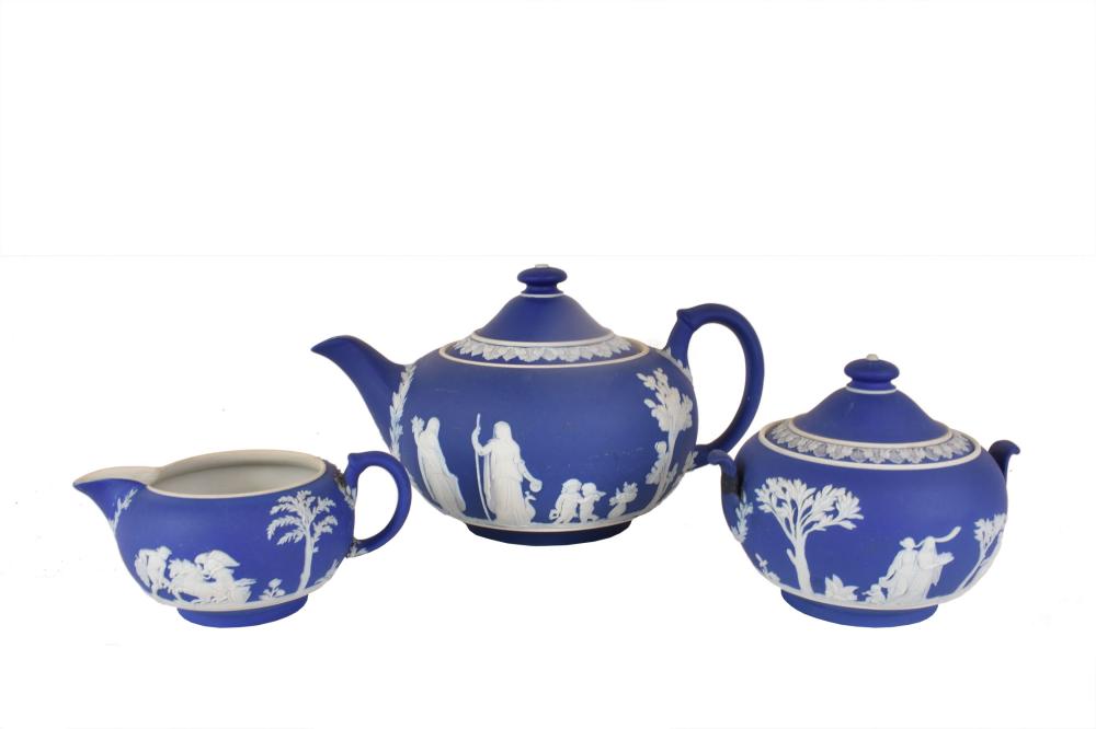 Appraisal: WEDGWOOD THREE-PIECE BLUE JASPERWARE TEA SERVICEEarly th Century Marked on