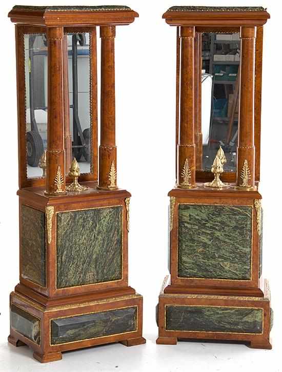 Appraisal: Pair French Empire style marble and mahogany pedestals rectangular green