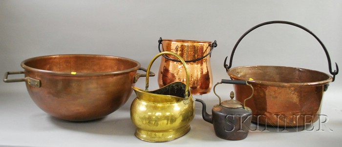 Appraisal: Brass Coal Scuttle Three Copper Pots and a Copper Hot