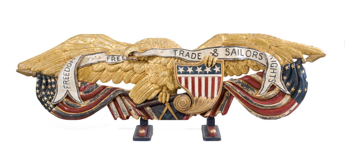 Appraisal: LARGE CARVED AND GILDED AMERICAN EAGLE STERNBOARD WITH quot FREEDOM