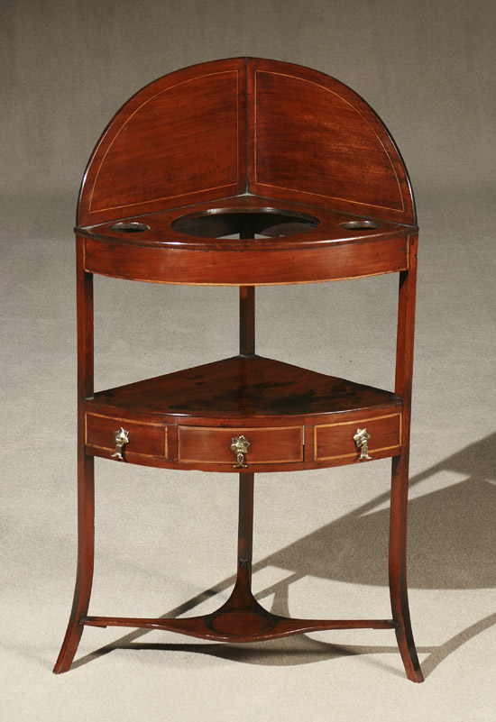 Appraisal: George III Style Satinwood Inlaid Mahogany Bow-Front Corner Wash Stand