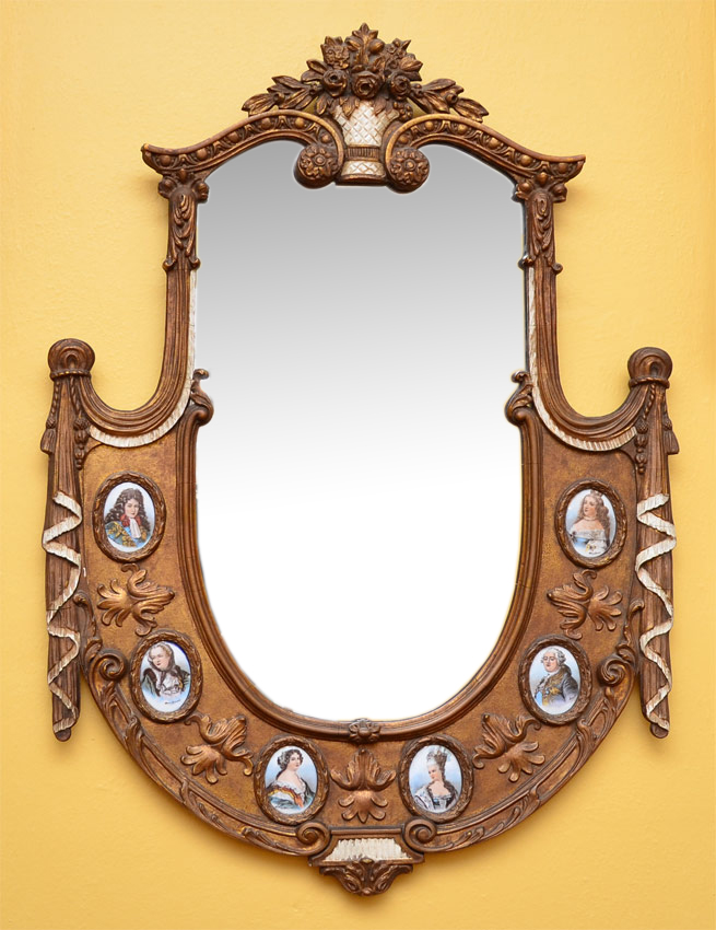 Appraisal: FRENCH CARVED GILT WOOD WALL MIRROR WITH PORCELAIN PLAQUES Gilt