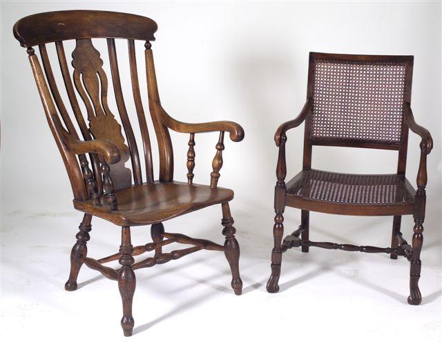 Appraisal: EDWARDIAN CANEWORK OPEN ARMCHAIR the square open back above a