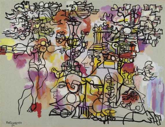 Appraisal: PORTOCARRERO REN La Habana Aztek figures Gouache on paper laid