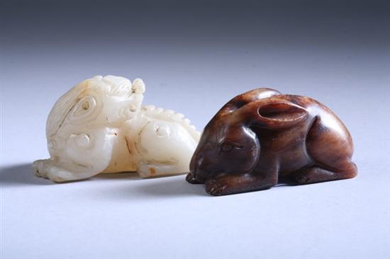 Appraisal: TWO CHINESE JADE CARVINGS OF RABBIT AND MYTHICAL BEAST -