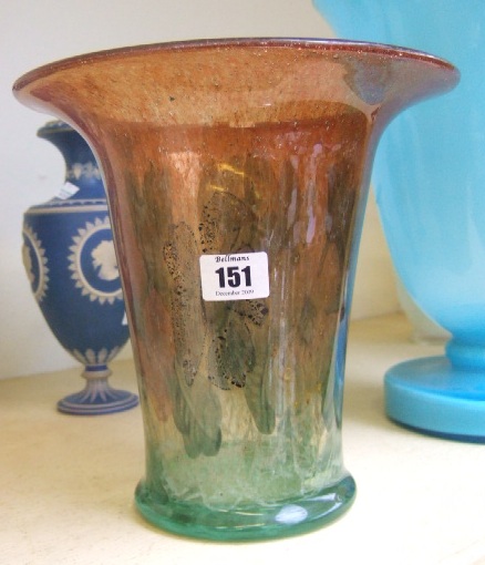 Appraisal: A green and orange mottled glass vase of flared bucket