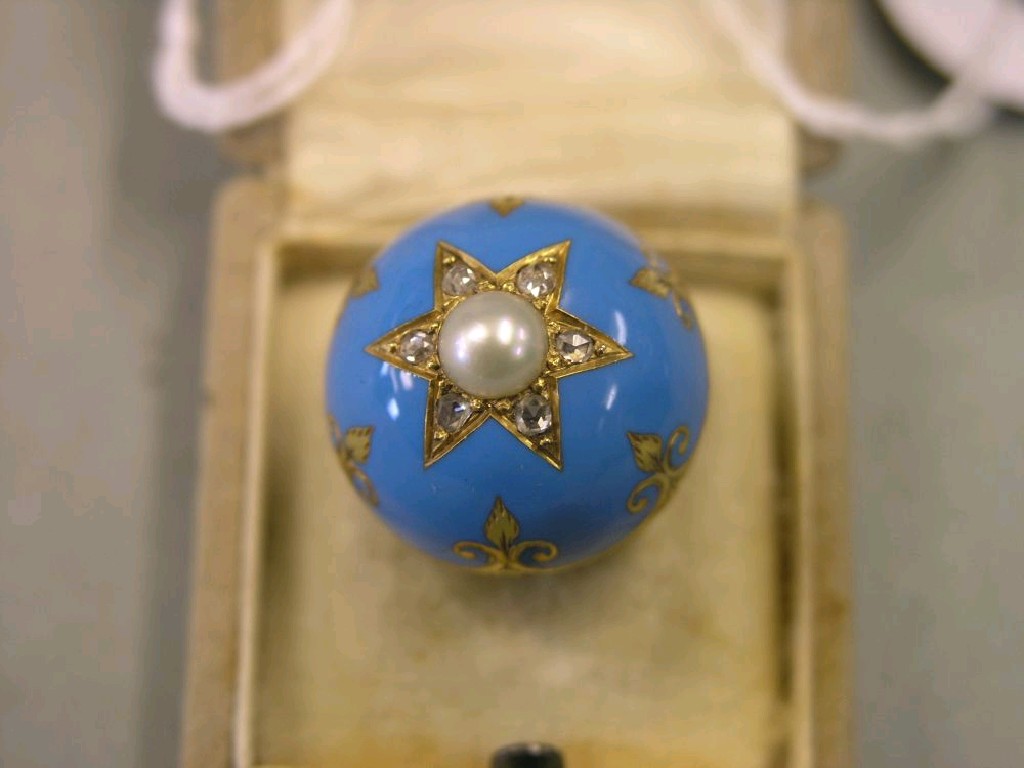 Appraisal: An enamelled diamond and gilt-metal brooch semi-spherical shape inset with