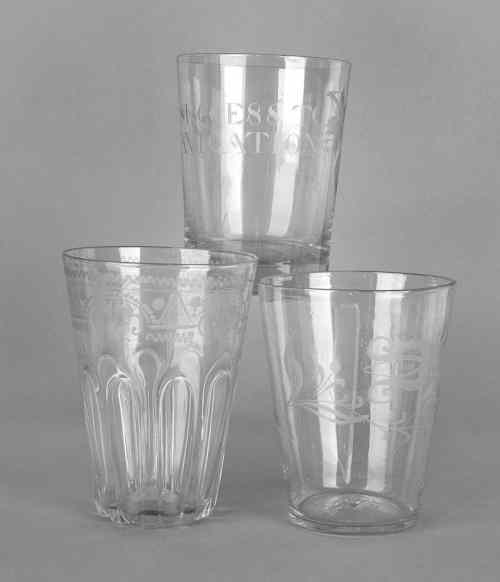 Appraisal: Three etched colorless glass flips th c one inscribed Success