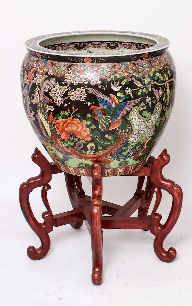 Appraisal: Chinese Porcelain Famille Noire Fish Bowl Stand Chinese porcelain famille