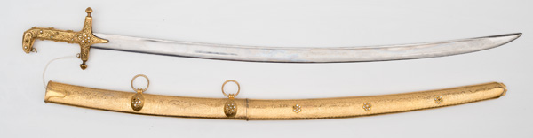 Appraisal: plain blade Mamaluke-style handle and scabbard Chain handguard is broken