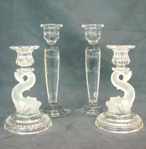 Appraisal: Pair of clear and frosted Dolphin figural candlesticks inches tall